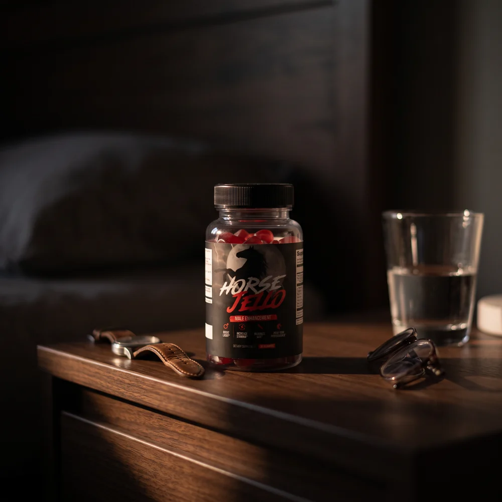 A jar of Vigor Boost on a nightstand at dawn